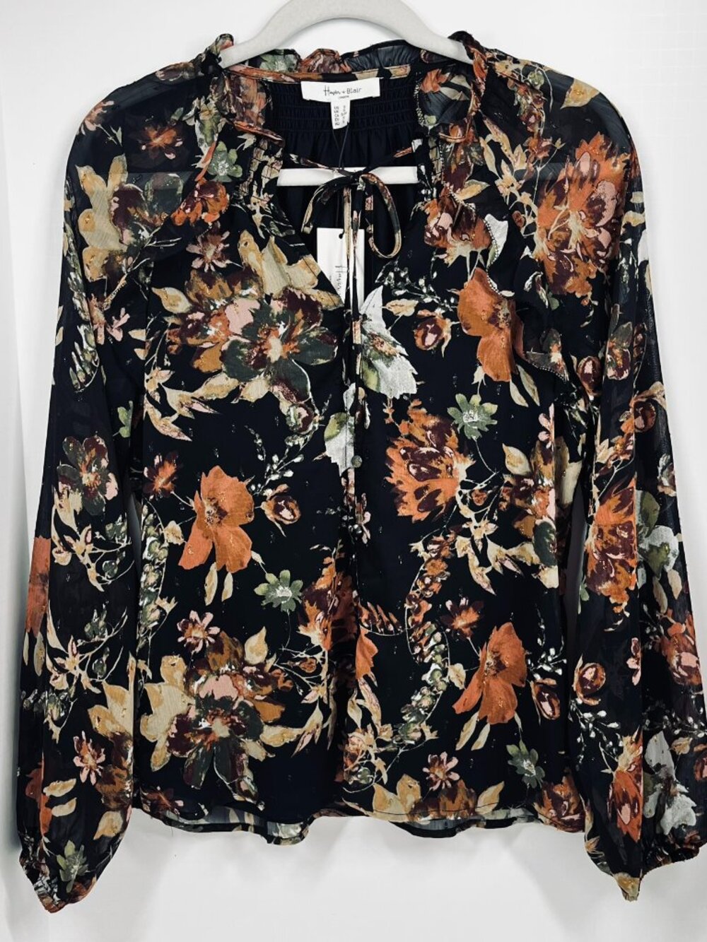 NWT Haver + Blair Black Floral Print Long Sleeve Button Up Sheer Blouse Sz S
